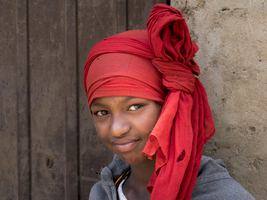 Girl with a red headscarf, portrait, Ethiopia, Africa