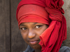 Girl with a red headscarf, portrait, Ethiopia, Africa
