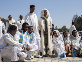 Family at wedding with white clothes, Ethiopia, Africa