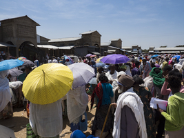 People crowded with umbrellas, market bustle, Axum, Ethiopia, Africa