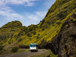 Bus on winding mountain road to the Semien Mountains, Ethiopia, Africa