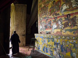 Priest in Ura Kidane Mehret Monastery, with ancient frescoes, Ethiopia, Africa