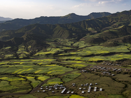 Cultivated fields and mountains, landscape and valley near Lalibela, Ethiopia, Africa