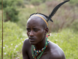 Young man from the Hamar tribe with feather headdress and necklace, portrait, Omo region, Ethiopia, Africa