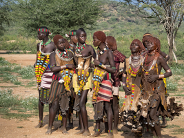 Young Hamar women in traditional clothing with necklaces, Omo region, Ethiopia, Africa