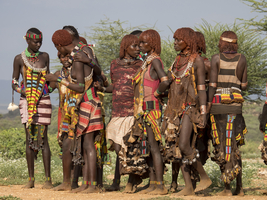 Young Hamar women in traditional clothing with necklaces, Omo region, Ethiopia, Africa