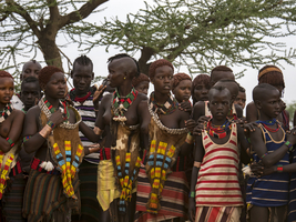 Hamar girls and boys in traditional clothing, Omo region, Ethiopia, Africa