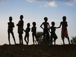 Children from the Hamar tribe, in the backlight, Omo region, Ethiopia, Africa