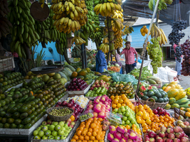 Obststand mit bunten tropischen Früchten, Bananen, Mangos, Sri Lanka