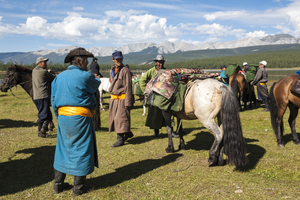 Horses and riders before departure, Mongolia