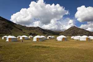 Yurt camp, white yurts, Mongolia