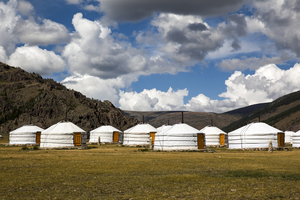 Yurt camp, white yurts, Mongolia
