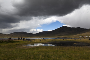 Landscape at the lake, dark clouds, Mongolia