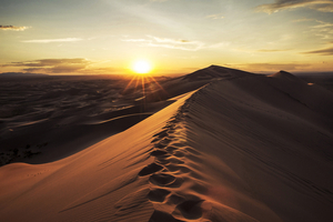 Sand dune with sun and footprints, Gobi desert, Mongolia