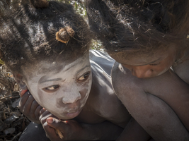 Mikea nomad girls are scared and hide in the forest, Madagascar