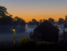 Sonnenaufgang an Dorfrand, Nebel über den Wiesen, Schlepzig, Spreewald, Brandenburg, Deutschland