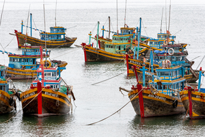 Fischerboote vor Anker im Meer, Vietnam