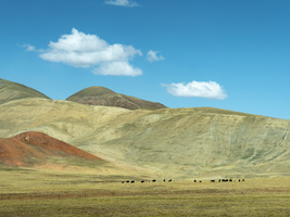 Berge und Weidelandschaft, Hochland von Tibet, China