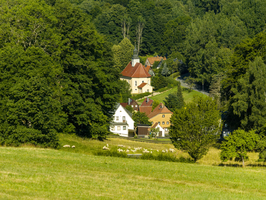 Dorf und kleine Kirche im Wald, Häuser zwischen Bäumen, Lückendorf, Zittauer Gebirge, Sachsen, Deutschland