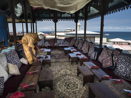 Tea house and restaurant above the roofs, exotic cosiness, Emerson Hurumzi, Stone Town, Zanzibar, 2017